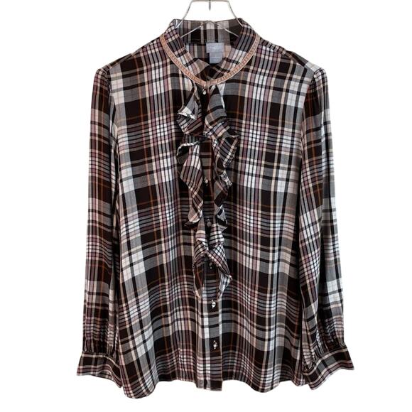 Chico’s Brown Plaid Ruffle Front Shirt Size Large - Picture 3 of 9
